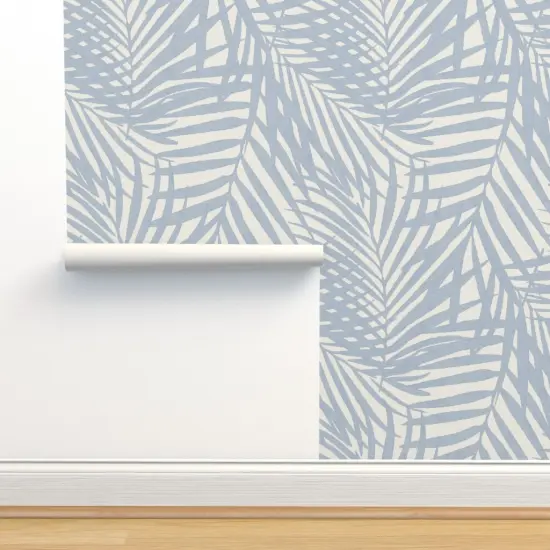 Pre-Pasted Wallpaper 2FT Wide Cream Blue Tropical Palm Soft Watercolor fan palm Custom Pre-pasted Wallpaper by Spoonflower {2}