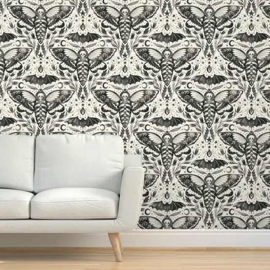 Pre-Pasted Wallpaper 2FT Wide Black And White Moth Bat Flower Stars Ink Watercolor Moon Ghosts October Gothic Halloween Custom Pre-pasted Wallpaper by Spoonflower {5}