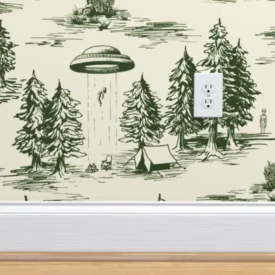 Pre-Pasted Wallpaper 2FT Wide Alien Toile Whimsical Ufos Flying Saucers Traditional Neutral Custom Pre-pasted Wallpaper by Spoonflower {4}