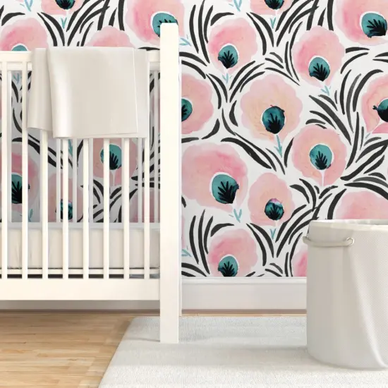 Pre-Pasted Wallpaper 2FT Wide Feather Flowers Floral Art Deco Soft Pastel Blush Pink White Turquoise Black Custom Pre-pasted Wallpaper by Spoonflower {7}