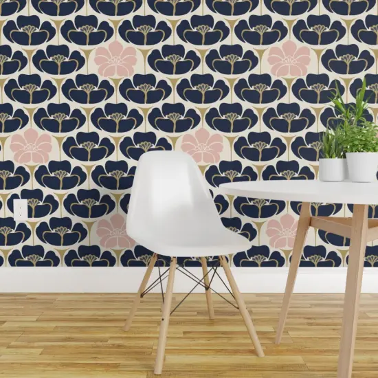 Peel & Stick Wallpaper 2FT Wide Flowers Art Deco 1920S Floral Navy Indigo Gold Blue Dress Fashion Pink Cream Custom Removable Wallpaper by Spoonflower {1}