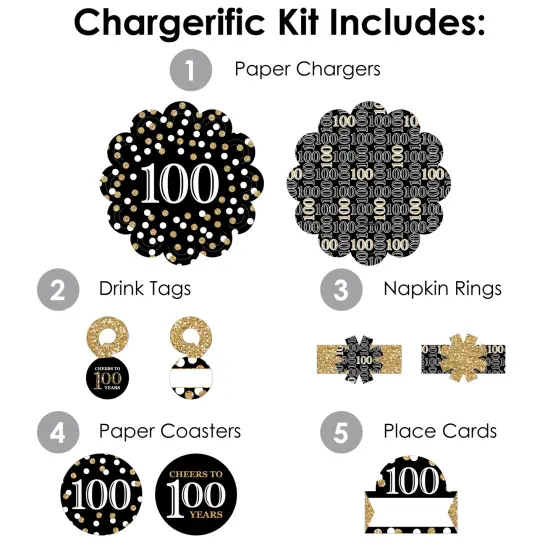 Big Dot of Happiness Adult 100th Birthday - Gold - Birthday Party Paper Charger and Table Decorations - Chargerific Kit - Place Setting for 8 {4}