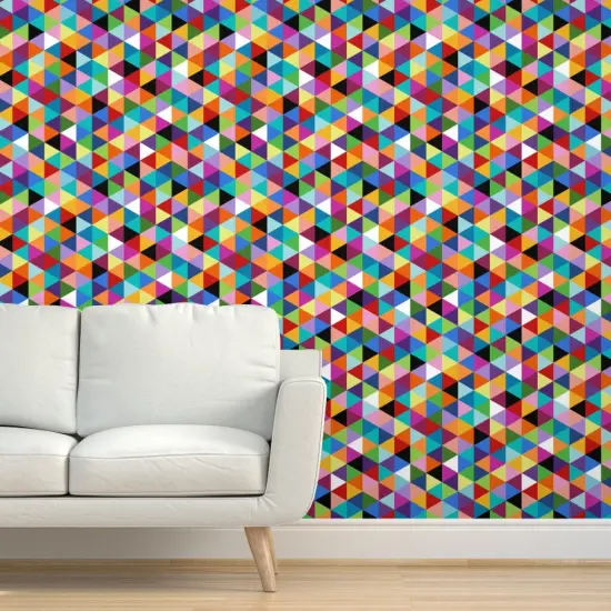 Peel & Stick Wallpaper 2FT Wide Colorful Geometric Triangle Cheater Quilt Pattern Happy Multi Color Modern Triangles Pop Art Colors Abstract Kid Room Shapes Custom Removable Wallpaper by Spoonflower {5}