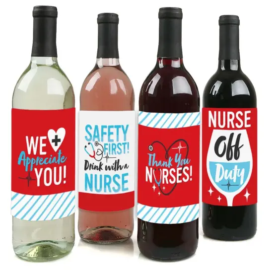 Big Dot of Happiness Thank You Nurses - Nurse Appreciation Week Decorations for Women and Men - Wine Bottle Label Stickers - Set of 4 {1}