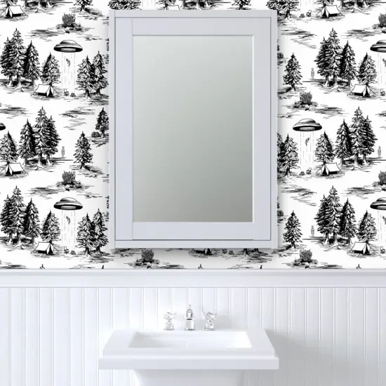 Peel & Stick Wallpaper 2FT Wide Ufo Whimsical Large Scale Black And White Space Alien Custom Removable Wallpaper by Spoonflower {6}