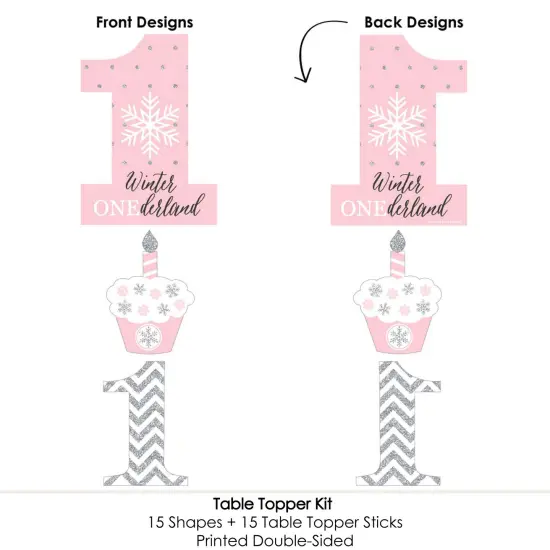 Big Dot of Happiness Pink Onederland - Snowflake Winter Wonderland First Birthday Party Centerpiece Sticks - Table Toppers - Set of 15 {6}