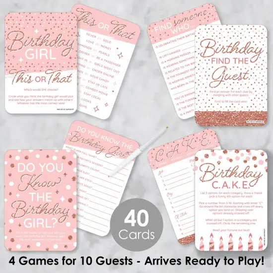 Big Dot of Happiness Pink Rose Gold Birthday - 4 Happy Birthday Party Games - 10 Cards Each - Gamerific Bundle {3}