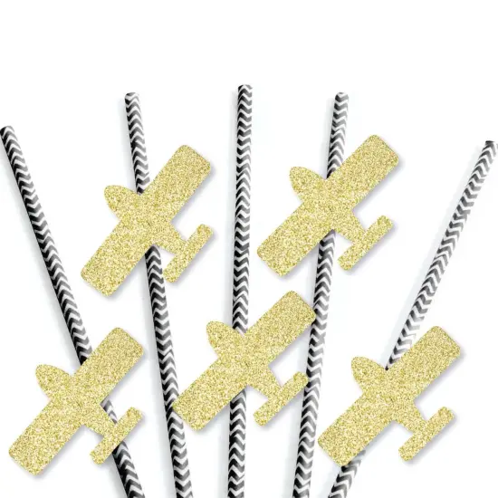 Big Dot of Happiness Gold Glitter Airplane Party Straws - No-Mess Real Gold Glitter Cut-Outs and Decorative Party Paper Straws - Set of 24 {4}