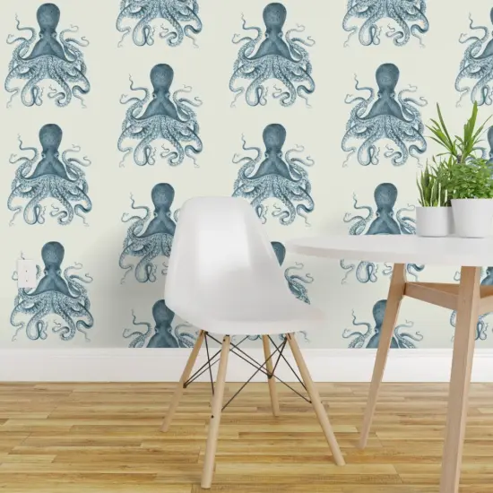 Peel & Stick Wallpaper 2FT Wide Octopus Sea Illustration Vintage Squid Nautical Coastal Ocean Beach Custom Removable Wallpaper by Spoonflower {1}