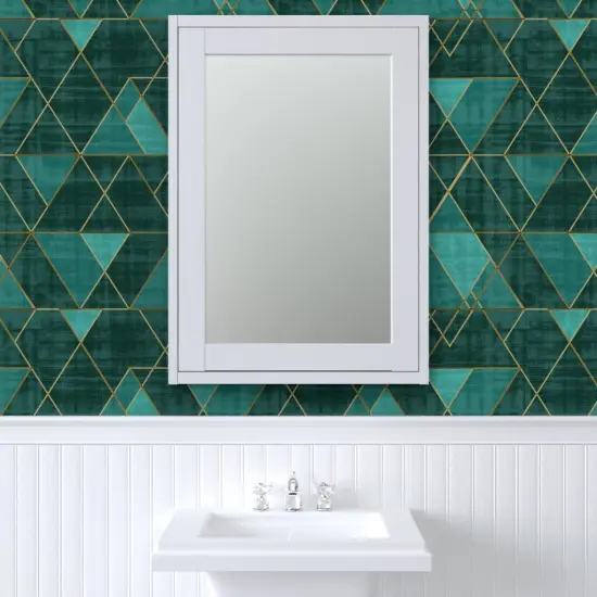 Peel & Stick Wallpaper 2FT Wide Geometric Modern Triangles Abstract Blue Green Gold Boho Glam Custom Removable Wallpaper by Spoonflower {6}