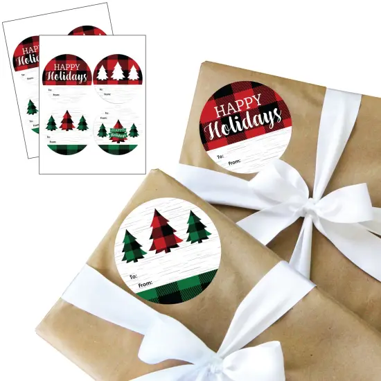 Big Dot of Happiness Holiday Plaid Trees - Round Buffalo Plaid Christmas Party To and From Gift Tags - Large Stickers - Set of 8 {1}