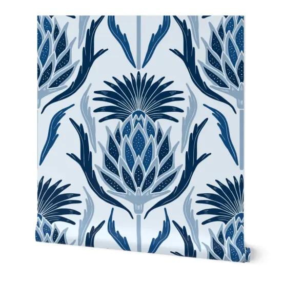 Peel & Stick Wallpaper 2FT Wide Thistle Damask Blue Plant Art Nouveau Hand Drawn Floral Navy Sky Custom Removable Wallpaper by Spoonflower {7}