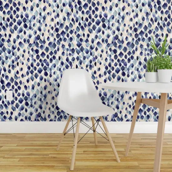 Pre-Pasted Wallpaper 2FT Wide Watercolor Drops Abstract Nature Diamond Indigo Blue Custom Pre-pasted Wallpaper by Spoonflower {1}