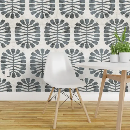 Peel & Stick Wallpaper 2FT Wide Mid Century Nature Mod Grey Geometric Faux Linen Look Retro Botanical Custom Removable Wallpaper by Spoonflower {1}