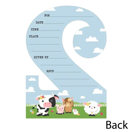 Big Dot of Happiness 2nd Birthday Girl Farm Animals - Shaped Fill-In - Pink Barnyard Second Birthday Party Invitation Cards with Envelopes 12 Ct {6}