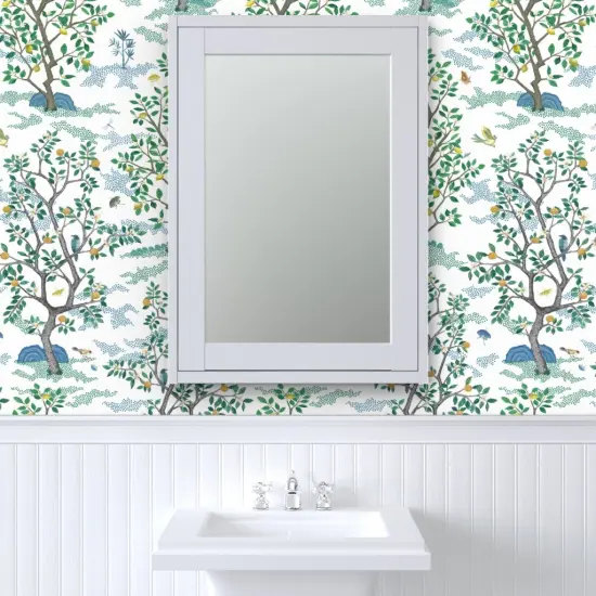 Peel & Stick Wallpaper 2FT Wide Orchard Toile Bird Green Blue Citrus Trees Large Scale Oranges Lemon Toile Chinoiserie Mural Grove Custom Removable Wallpaper by Spoonflower {6}