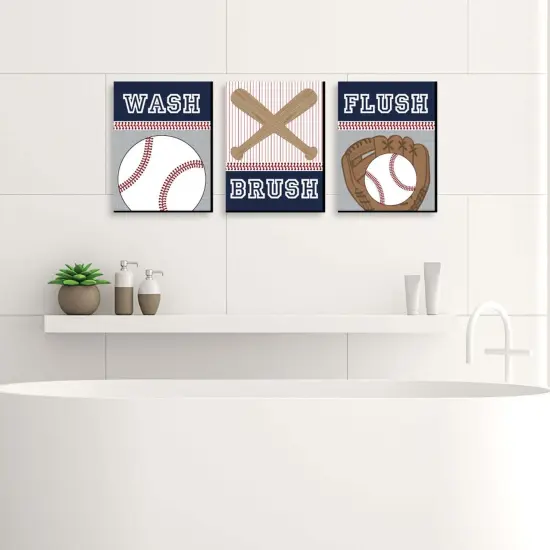 Big Dot of Happiness Batter Up - Baseball - Kids Bathroom Rules Wall Art - 7.5 x 10 inches - Set of 3 Signs - Wash, Brush, Flush {3}