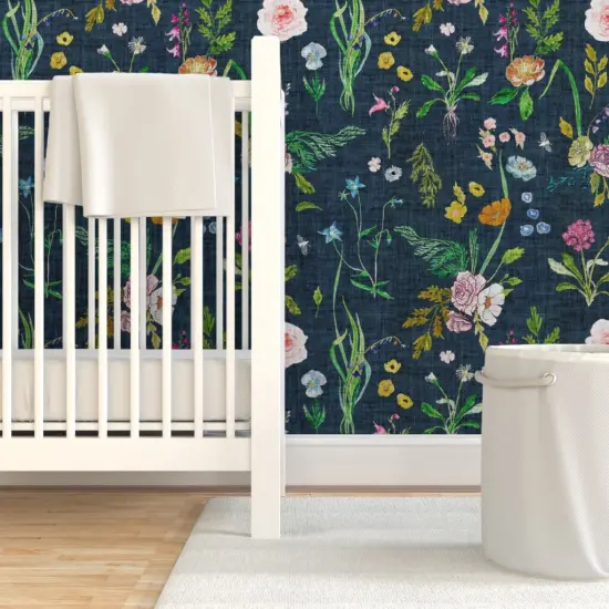 Pre-Pasted Wallpaper 2FT Wide Floral Summer Daisy Navy Blue Flowers Rose Vintage Custom Pre-pasted Wallpaper by Spoonflower {7}