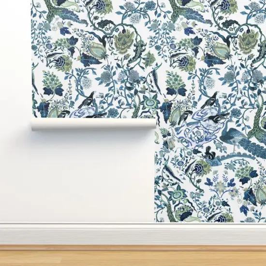 Pre-Pasted Wallpaper 2FT Wide Green Blue Chinoiserie Floral Chinese Inspired Classic Custom Pre-pasted Wallpaper by Spoonflower {2}