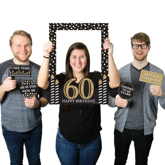 Big Dot of Happiness Adult 60th Birthday - Gold - Birthday Party Selfie Photo Booth Picture Frame & Props - Printed on Sturdy Material {1}