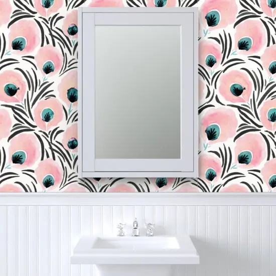 Pre-Pasted Wallpaper 2FT Wide Feather Flowers Floral Art Deco Soft Pastel Blush Pink White Turquoise Black Custom Pre-pasted Wallpaper by Spoonflower {6}