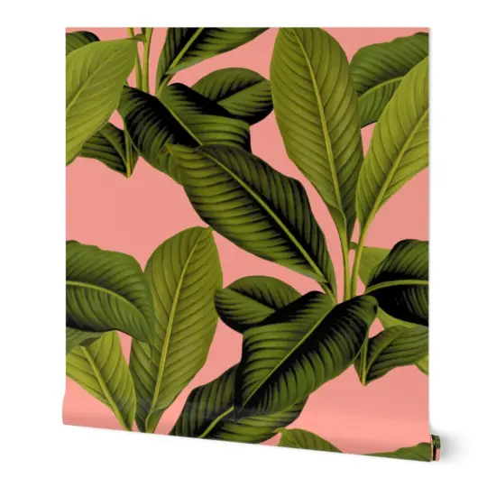 Peel & Stick Wallpaper 2FT Wide Tropical Botanical Coral Pink Palm Leaves Green Tree Banana Leaf Custom Removable Wallpaper by Spoonflower {7}
