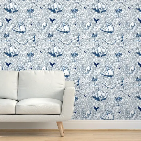 Peel & Stick Wallpaper 2FT Wide Blue White Sailboats Sailing Ships Nautical Vintage Inspired Ocean Custom Removable Wallpaper by Spoonflower {5}
