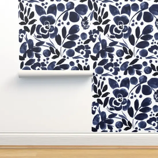 Pre-Pasted Wallpaper 2FT Wide Navy Blue White Floral Dark Indigo Watercolor Romantic Flowers Custom Pre-pasted Wallpaper by Spoonflower {2}