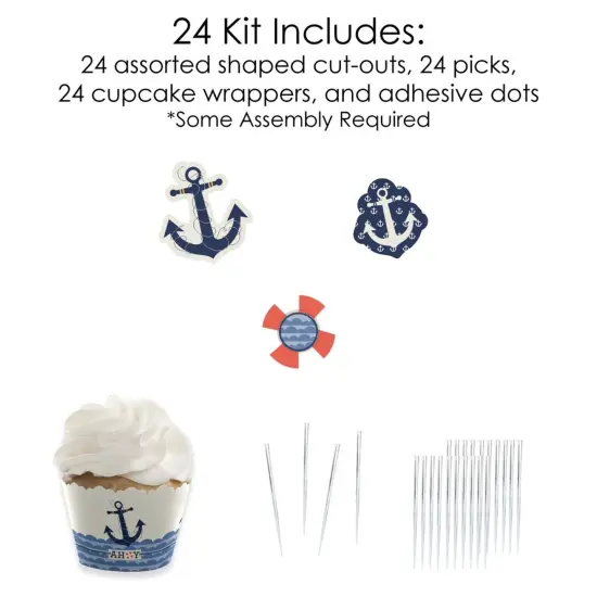 Big Dot of Happiness Ahoy - Nautical - Cupcake Decoration - Baby Shower or Birthday Party Cupcake Wrappers and Treat Picks Kit - Set of 24 {6}