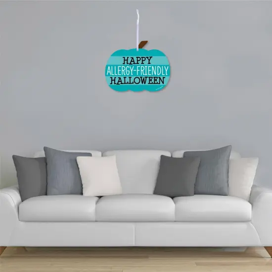 Big Dot of Happiness Teal Pumpkin - Hanging Porch Halloween Allergy Friendly Trick or Trinket Outdoor Decorations - Front Door Decor - 1 Piece Sign {4}