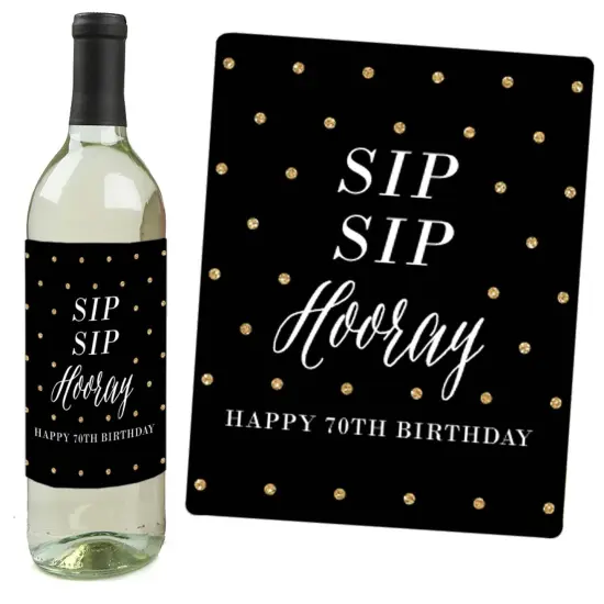 Big Dot of Happiness Chic 70th Birthday - Pink, Black and Gold - Birthday Gift For Women - Wine Bottle Label Stickers - Set of 4 {3}
