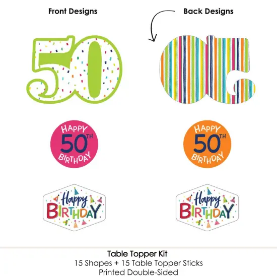 Big Dot of Happiness 50th Birthday - Cheerful Happy Birthday - Colorful Fiftieth Birthday Party Centerpiece Sticks - Table Toppers - Set of 15 {6}