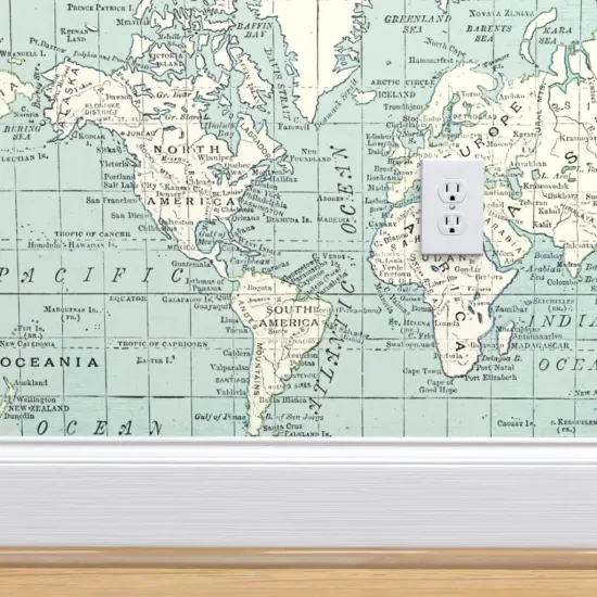 Pre-Pasted Wallpaper 2FT Wide Vintage Maps Blue And Cream World Map Geography Countries Travel Custom Pre-pasted Wallpaper by Spoonflower {4}