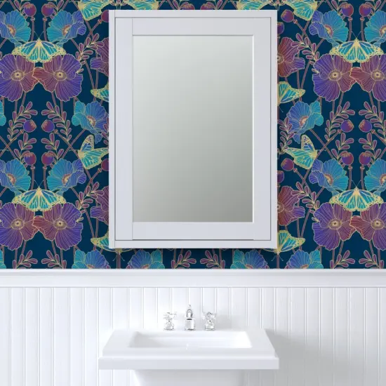 Pre-Pasted Wallpaper 2FT Wide Jewel Tone Poppies Art Nouveau Poppy And Butterfly Blue Aqua Purple Large Scale Floral Custom Pre-pasted Wallpaper by Spoonflower {6}