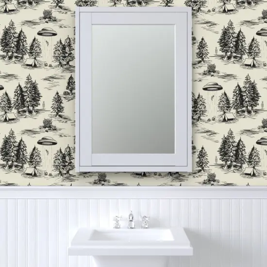 Pre-Pasted Wallpaper 2FT Wide Alien Toile Black Space Aliens Camping Ufos De Jouy Ufo Flying Saucer Abduction Saucers Objects Custom Pre-pasted Wallpaper by Spoonflower {6}