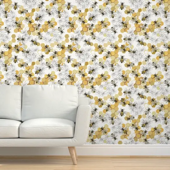 Pre-Pasted Wallpaper 2FT Wide Endangered Species Honey Bee Flowers Honeycomb Hexagon Floral Apiary Insects Bugs Custom Pre-pasted Wallpaper by Spoonflower {5}