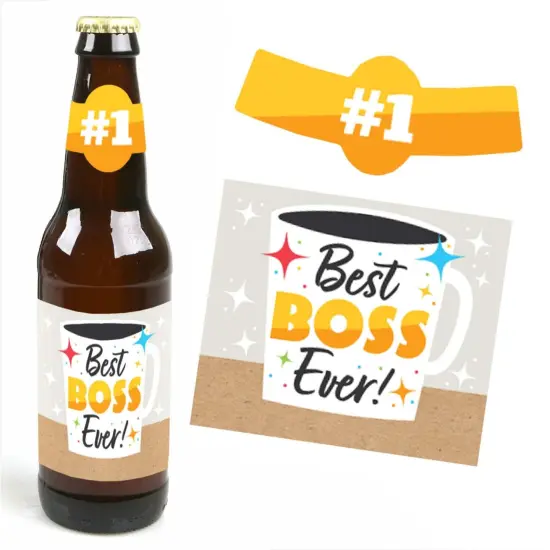 Big Dot of Happiness Happy Boss's Day - Best Boss Ever Decorations for Women and Men - 6 Beer Bottle Label Stickers and 1 Carrier {4}