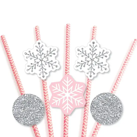 Big Dot of Happiness Pink Winter Wonderland - Paper Straw Decor - Holiday Snowflake Birthday Party or Baby Shower Striped Decorative Straws -Set of 24 {7}