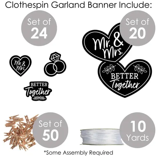 Big Dot of Happiness Mr. and Mrs. - Black and White Wedding or Bridal Shower DIY Decorations - Clothespin Garland Banner - 44 Pieces {6}