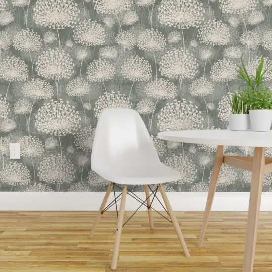 Peel & Stick Wallpaper 2FT Wide Vintage Style Dandelions Gray Cream Neutral Flowers Floral Nature Custom Removable Wallpaper by Spoonflower {1}