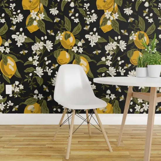 Peel & Stick Wallpaper 2FT Wide Bees Lemons Black Large Modern Citrus Traditional Custom Removable Wallpaper by Spoonflower {1}