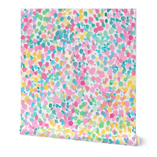 Peel & Stick Wallpaper 2FT Wide Watercolor Dots Pastel Abstract Colorful Cheerful Happy Bright Pink Yellow Blue Custom Removable Wallpaper by Spoonflower {7}