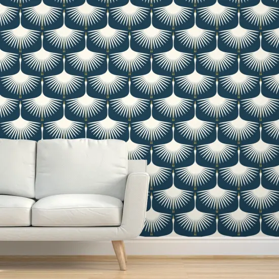 Peel & Stick Wallpaper 2FT Wide Art Deco Navy Bird Nature Swan Custom Removable Wallpaper by Spoonflower {5}