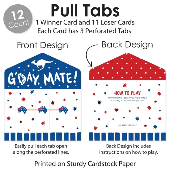 Big Dot of Happiness Australia Day - G&rsquo;Day Mate Aussie Party Game Pickle Cards - Pull Tabs 3-in-a-Row - Set of 12 {6}