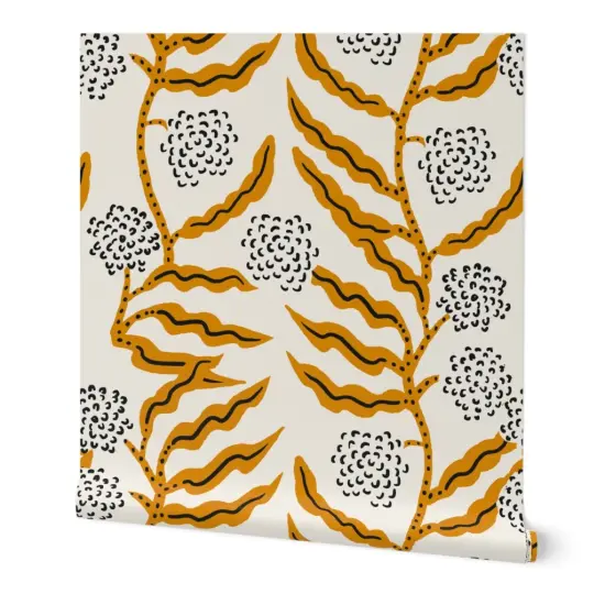 Peel & Stick Wallpaper 2FT Wide Boho Gold Floral Modern Botanical Mustard Garden Vine Abstract Custom Removable Wallpaper by Spoonflower {7}
