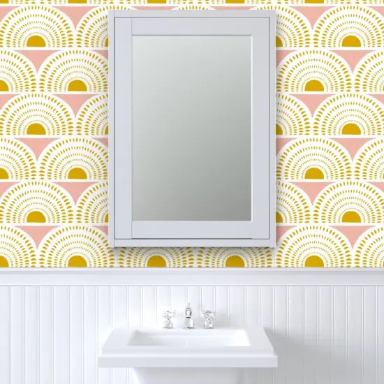 Pre-Pasted Wallpaper 2FT Wide Geometric Blush Gold Scallops Semicircles Art Deco Inspired Mustard Mod Custom Pre-pasted Wallpaper by Spoonflower {6}