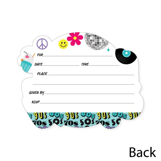 Big Dot of Happiness Through the Decades - Shaped Fill-In Invitations - 50s, 60s, 70s, 80s, and 90s Party Invitation Cards with Envelopes - Set of 12 {6}