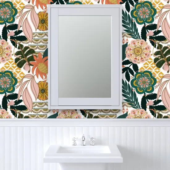 Pre-Pasted Wallpaper 2FT Wide Boho Botanical Maximalist Monstera Palms Floral Jungle Custom Pre-pasted Wallpaper by Spoonflower {6}