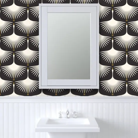 Pre-Pasted Wallpaper 2FT Wide Black And Ivory Mid Century Mod Geometric Swans Art Deco Elegant Feathers Custom Pre-pasted Wallpaper by Spoonflower {6}