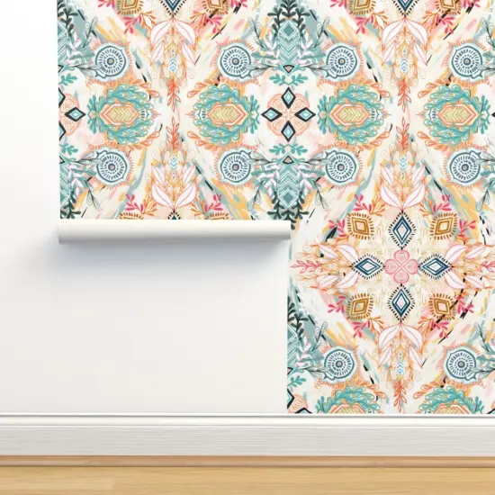 Pre-Pasted Wallpaper 2FT Wide Spring Small Print Painted Bohemian Diamond Boho Doodle Pastels Modern Custom Pre-pasted Wallpaper by Spoonflower {2}